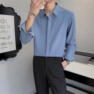高级感白衬衫男长袖春季冰感轻熟风衬衣韩版潮流帅气上衣服男Y38,红色衣服袄子搭配什么衣服图片