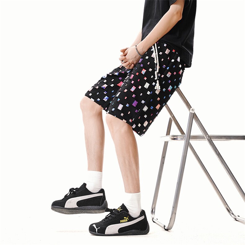 DK162-P32花白短裤男女夏季新款休闲冰丝沙滩中裤宽松百搭五分裤,男装牛仔裤,电商A178