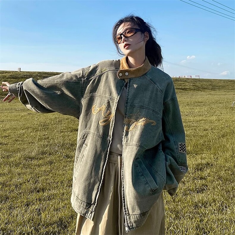 美式复古机车立领刺绣水洗牛仔夹克男女春秋潮街头嘻哈上衣外套,男装工装外套,星座1210-1