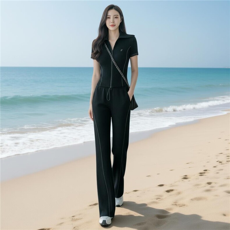 潮流时尚休闲运动套装女夏季新款显瘦气质翻领短袖卫衣长裤两件套,女装套装/套裙,江南