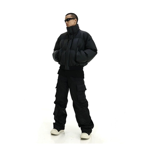 现货5W件冬季三防重磅硬挺boxy短款羽绒立领PU皮棉衣外套加厚棉服图片