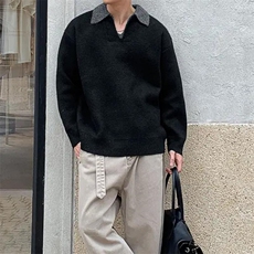 重磅北极绒假两件衬衫领毛衣美式高街复古休闲慵懒纯色翻领针织衫，男装针织衫/毛衣，电商A486-1