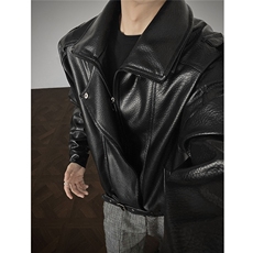 荔枝纹双层领廓形大码M-5XL机车面层PU皮衣JK78095特P118控，男装皮衣，星座227-7