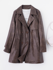 PU皮衣外套女2025春秋新款西装领双排扣中长款收腰皮风衣Y82936，女装皮衣，魅衣本色