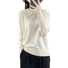 时尚减龄POLO领长袖纯色上衣女法式钉珠翻领套头打底针织衫毛衣潮，女装羊毛衫，宛庄羊绒