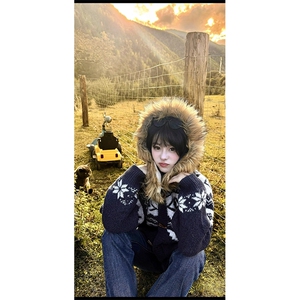 重磅北极绒座山雕大毛毛领毛衣外套冬美式复古休闲慵懒风针织开衫图片
