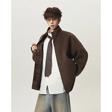 格纹拼接毛呢夹克外套韩版毛呢大衣宽松立领呢子风衣-JK678P105，男装夹克，电商B289-1