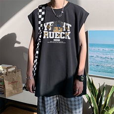 抖音供货、200克现货全棉印花背心宽松无袖T恤D223A-BX2301-P25，男装背心/马甲，电商019-1