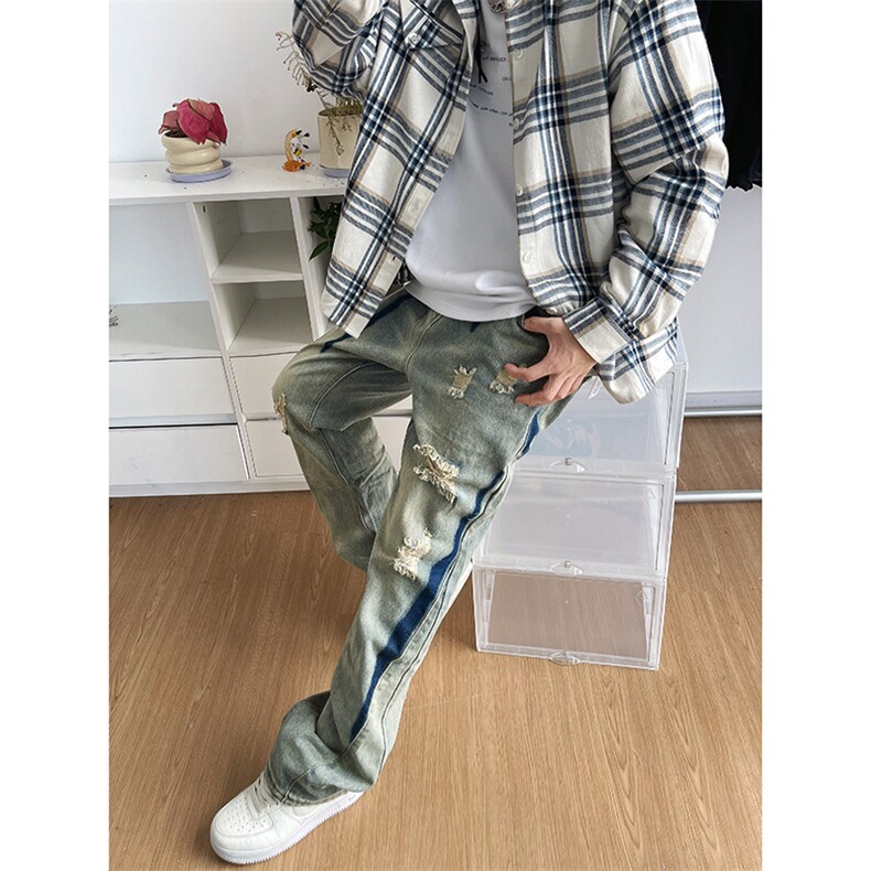 B221美式ins高街小众个性男女破洞牛仔裤LK23001-P65控88,男装牛仔裤,电商B221