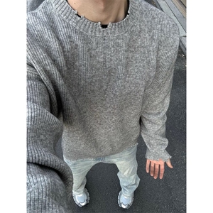 灰色破坏风毛衣男秋冬季潮牌痞帅慵懒cleanfit宽松内搭针织打底衫图片