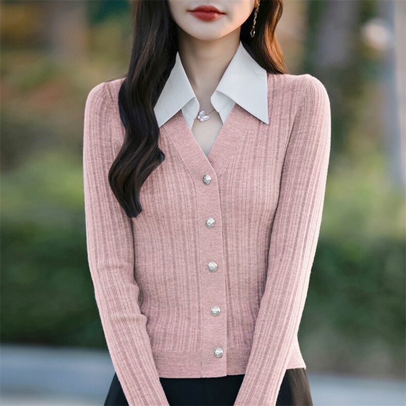 2025春季新款POLO领拼接假两件针织开衫女衬衣领修身薄款毛衣外套,针织衫/毛衣,佳绒包芯纱店