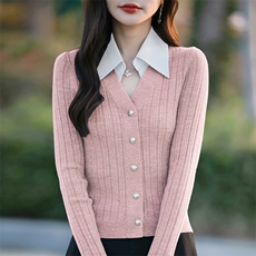 2025春季新款POLO领拼接假两件针织开衫女衬衣领修身薄款毛衣外套，女装针织衫/毛衣，佳绒包芯纱店