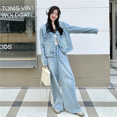 浅蓝色休闲时尚牛仔套装女秋装2025新款韩版马甲直通阔腿裤两件套，女装套装/套裙，2C133