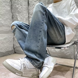 美式高街直筒蓝色破洞牛仔裤男秋长裤潮 NK6065 P40图片