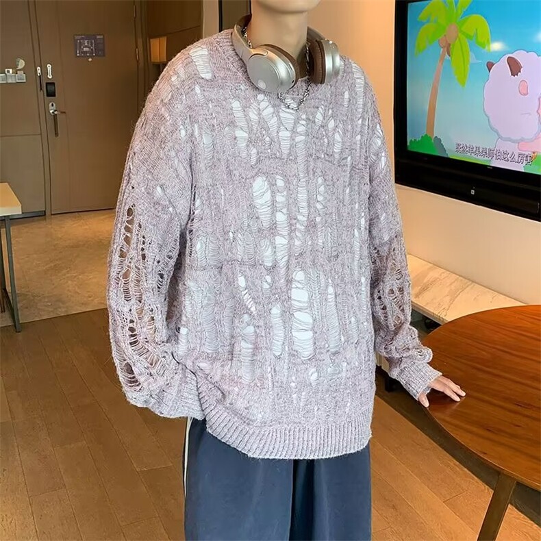 镂空宽松薄款针织衫痞帅复古破坏小众长袖男6031P45,男装针织衫/毛衣,星座410-2