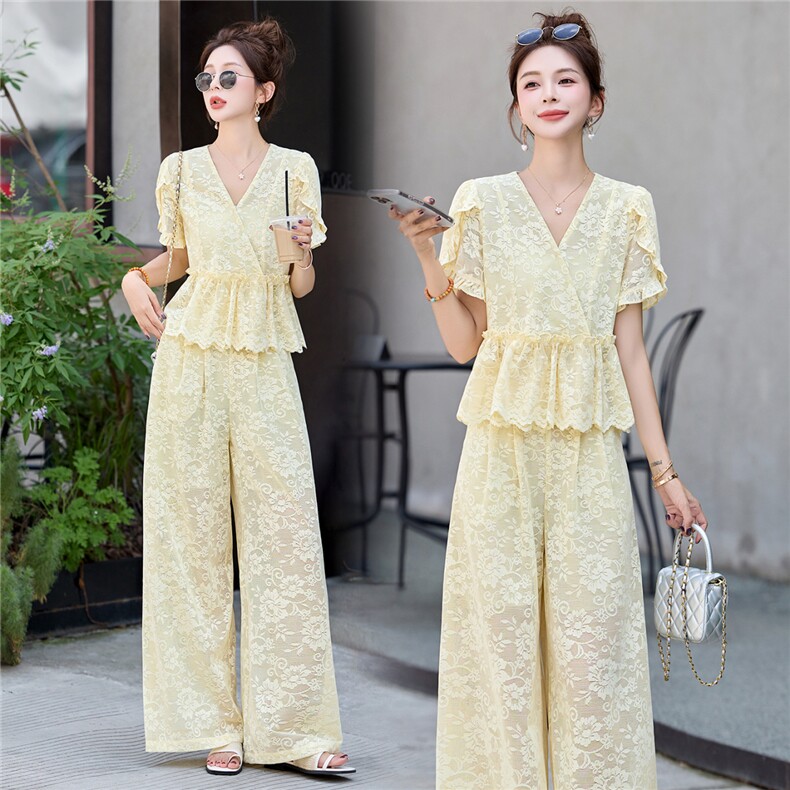 小香风蕾丝套装女夏轻奢高级感名媛气质女神范高端阔腿裤子两件套，女装套装/套裙，伊仟回