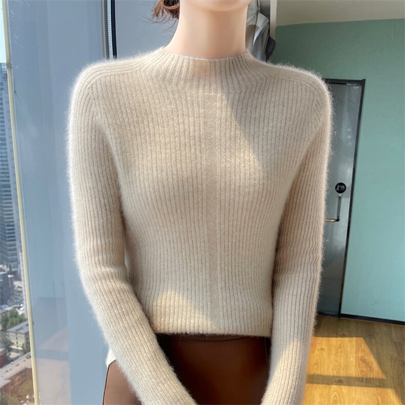 秋冬季新款舒适时尚百搭一线川字纹宽条羊毛衫,女装羊毛衫,美轩羊绒