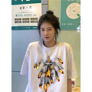 美式纯棉情侣百搭休闲复古港风夏季宽松火山男女学生短袖小众T恤图片