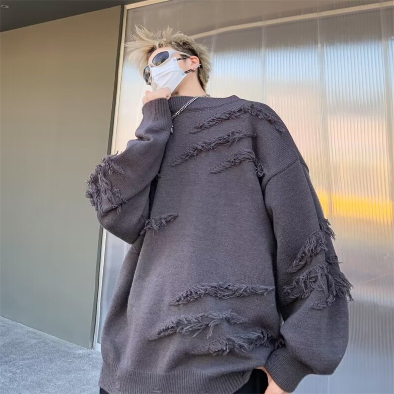 破洞毛衣男宽松潮流鹿毛绒休闲下摆开叉针织衫线衣外套外穿M1133,男装针织衫/毛衣,星座1116A-1（原606A）