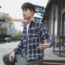 2021春季外景日系大码男休闲格子宽松纽扣翻领衬衫C503-P45，男装衬衫，电商A001