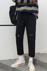 春季九分直筒长裤男韩版潮流裤子宽松破洞阔腿牛仔男士8107-P50图片