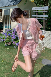 法式甜美小香风花边上衣套装女2025夏季新款宽松显瘦短裤子两件套图片