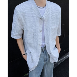 夏季小香风短袖衬衫男潮流轻奢百搭针织开衫上衣潮外套9601 P45图片