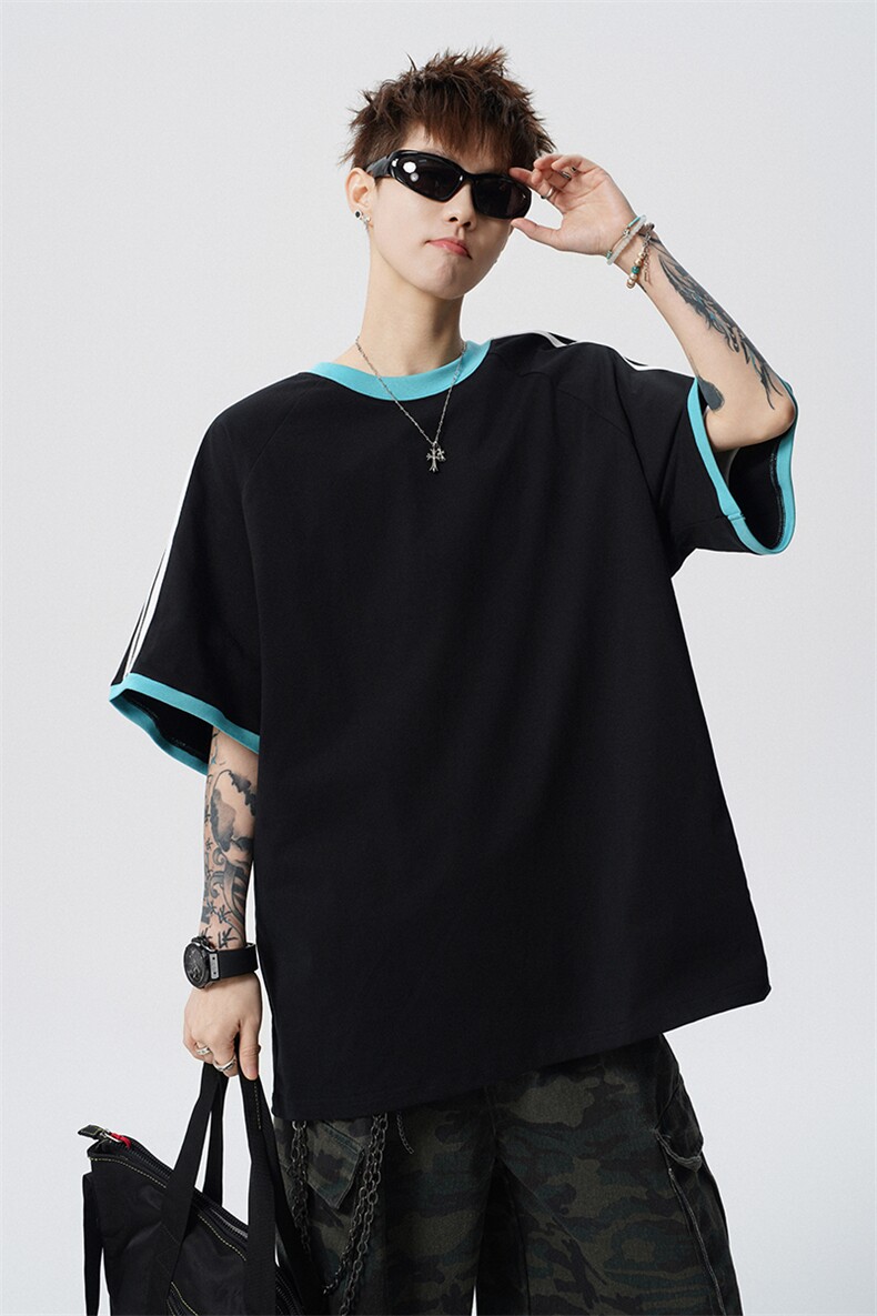 可二开三条杠重磅撞色棉M-5XL大码短袖T恤男CT78316P31控49.8,男装T恤,星座226-1
