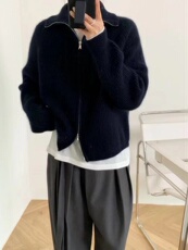 秋冬季新款宽松舒适简约女长领带绳拉链针织开衫，女装羊毛衫，恒恩羊绒