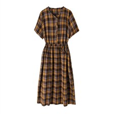 2021夏季新款时尚气质V领格纹修身中长款连衣裙，女装连衣裙，简韵佳