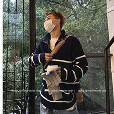 ins加厚半拉链条纹毛衣男士立领秋冬慵懒宽松针织衫男百搭慵懒，男装针织衫/毛衣，星座506A