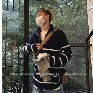 ins加厚半拉链条纹毛衣男士立领秋冬慵懒宽松针织衫男百搭慵懒图片