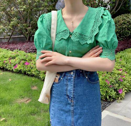 刺绣棉翻领花边衬衣，女装，新袖