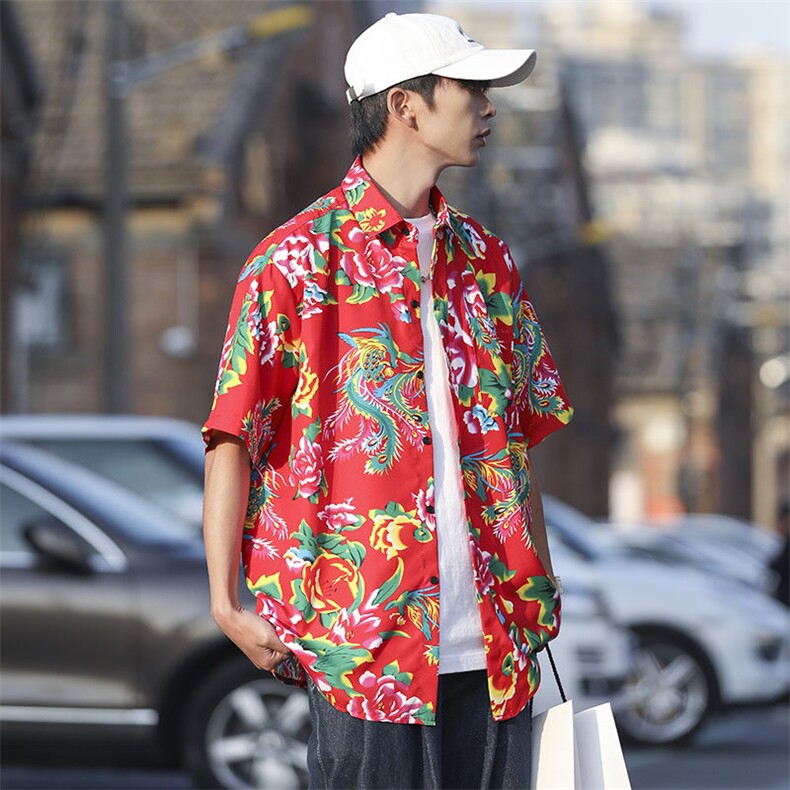 DC203男女中性风东北大花短袖衬衫衬衣外套民族风汉服团队服，男装T恤，星座115A(原星座507）