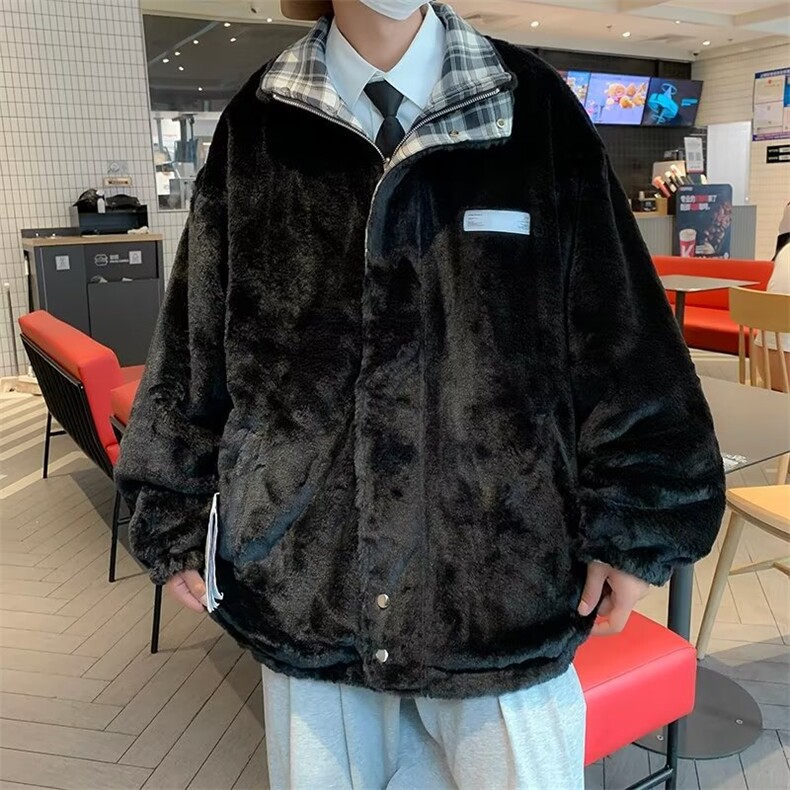 两面穿羊羔毛外套男冬季棉衣格子翻领加绒加厚帅气棉服MY38P80,男装棉衣,星座410-2