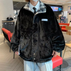 两面穿羊羔毛外套男冬季棉衣格子翻领加绒加厚帅气棉服MY38 P80图片
