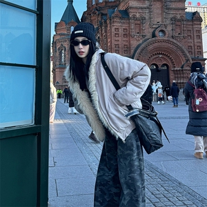 现货高品质美式高街冬季重磅硬挺短款座山雕毛领棉衣男女加厚外套图片