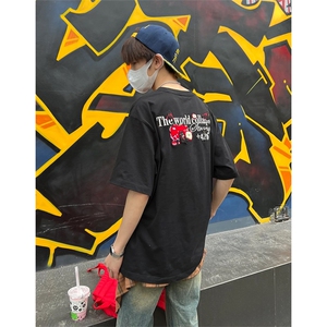 抖音得物供货210克现货宽松纯棉美式潮牌印花落肩袖纯棉T恤AT2162图片