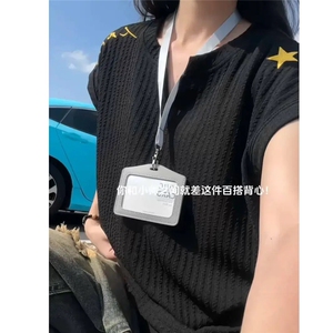 人民万岁刺绣v领背心男女情侣T恤夏季薄款肌理感无袖坎肩砍袖上衣图片