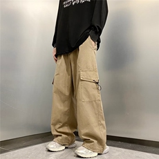 秋季潮牌宽松束脚休闲裤日系复古阔腿工装裤男卡其色K7486-P43，男装休闲裤，星座512-3