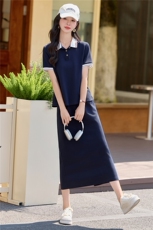 学院风翻领短袖A字半裙套装女2026夏季新款藏青色休闲质感两件套，女装套装/套裙，米莱