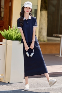 学院风翻领短袖A字半裙套装女2026夏季新款藏青色休闲质感两件套图片