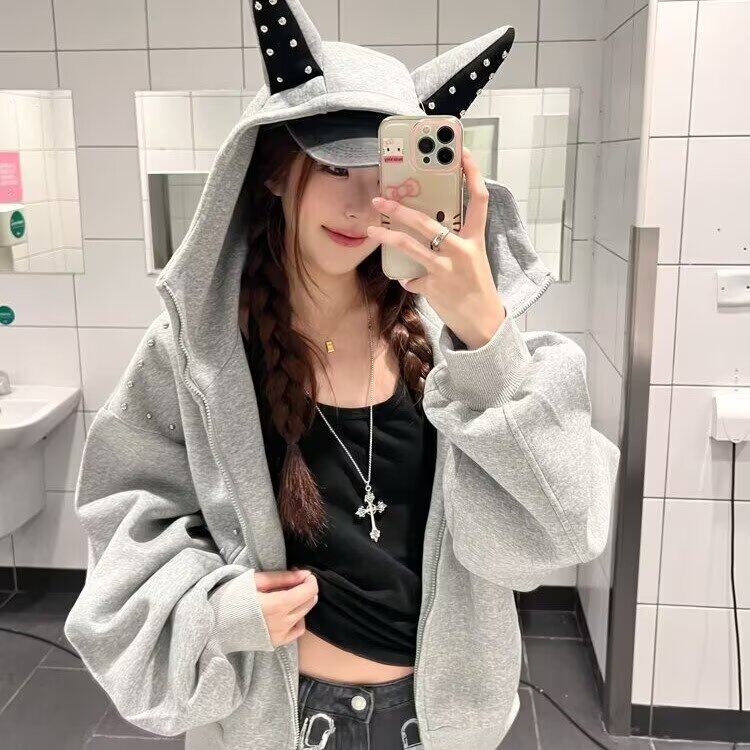 S6168-P722025秋冬新款灰色开衫连帽卫衣女宽松休闲棒球服，女装职业装，电商B323A