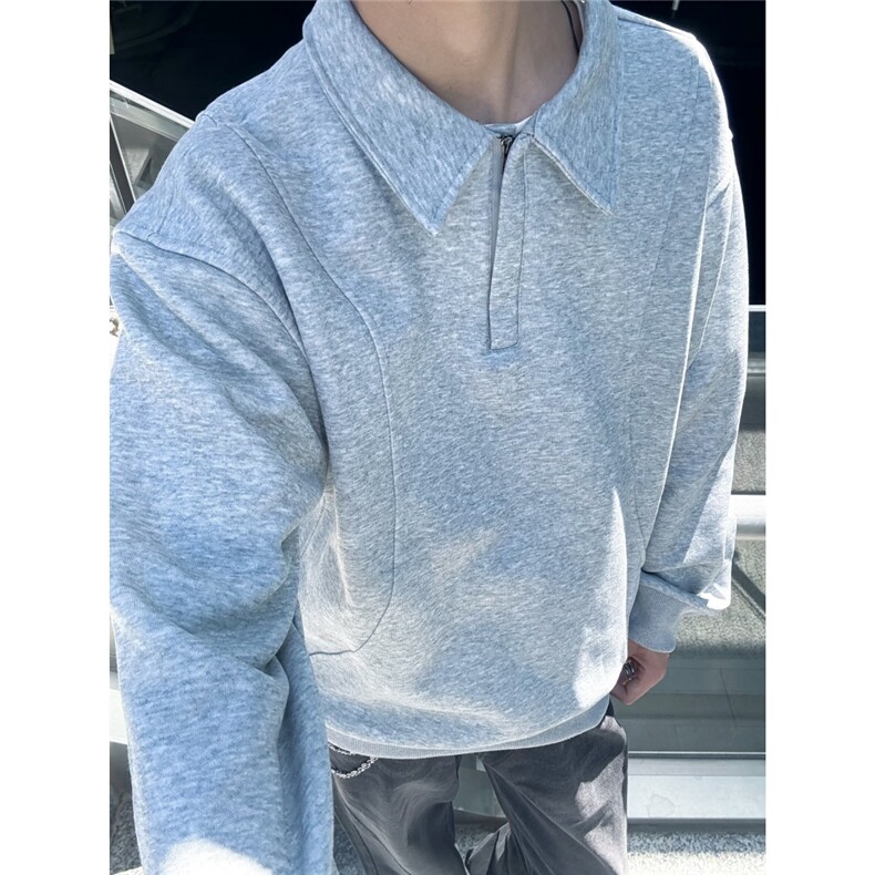 老钱风灰色正肩polo领长袖卫衣男女秋季宽松翻领上衣半拉链套头衫,男装Polo衫,星座203-1