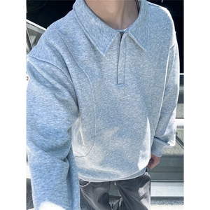 老钱风灰色正肩polo领长袖卫衣男女秋季宽松翻领上衣半拉链套头衫图片