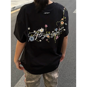 万针全刺绣工艺抖音得物高品质260克重磅纯棉双纱美式高街短袖T恤图片