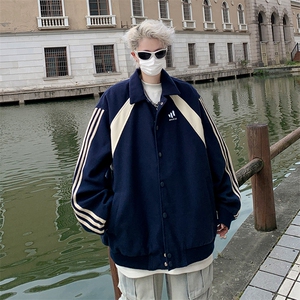 港风秋款男毛呢夹克条纹拼色字母印花单排扣休闲外套JK204 P70图片
