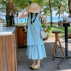 蓝色无袖假两件连衣裙女2025夏季新款韩系宽松休闲显瘦减龄背心裙，女装连衣裙，浙宝305