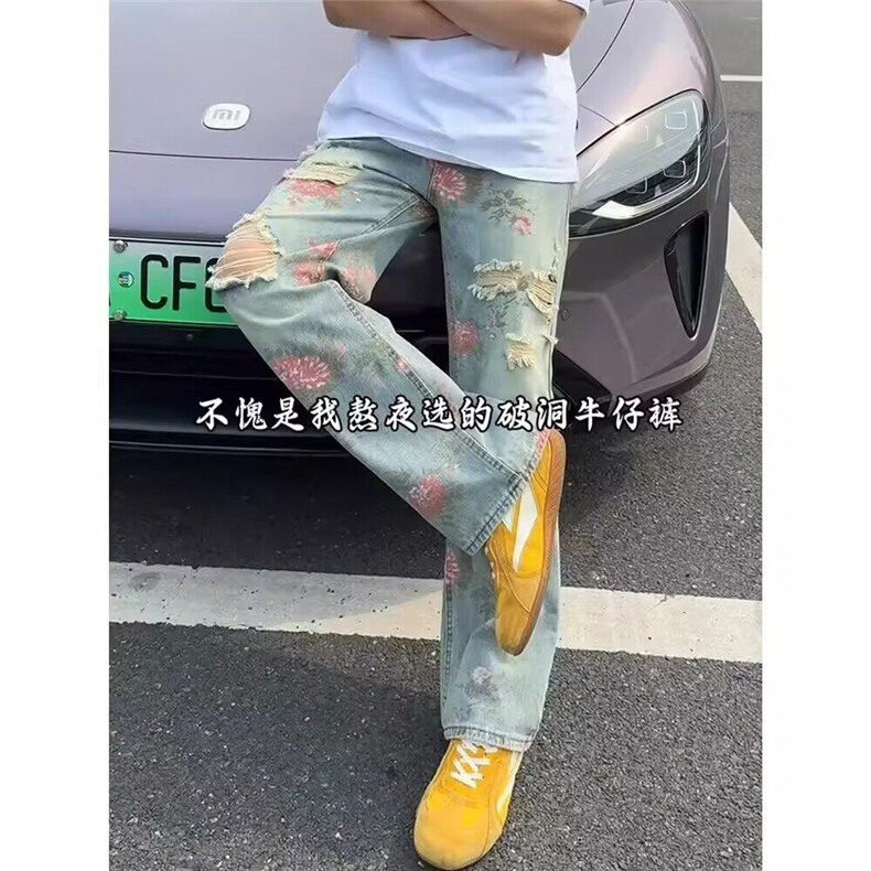 玫瑰花卉破洞牛仔裤男女2025夏季新款痞帅炸街裤子宽松直筒微,男装牛仔裤,星座218-1（原230）