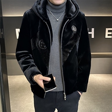 冬季加厚仿皮草男保暖爸爸装连帽商务夹克外套黑色ZX8930-P245，男装夹克，星座1105-3